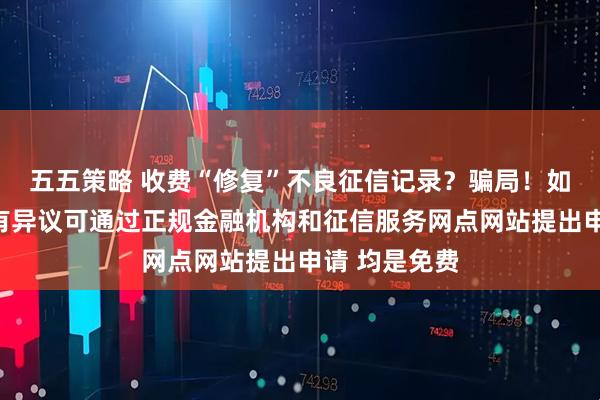 五五策略 收费“修复”不良征信记录？骗局！如对征信记录有异议可通过正规金融机构和征信服务网点网站提出申请 均是免费